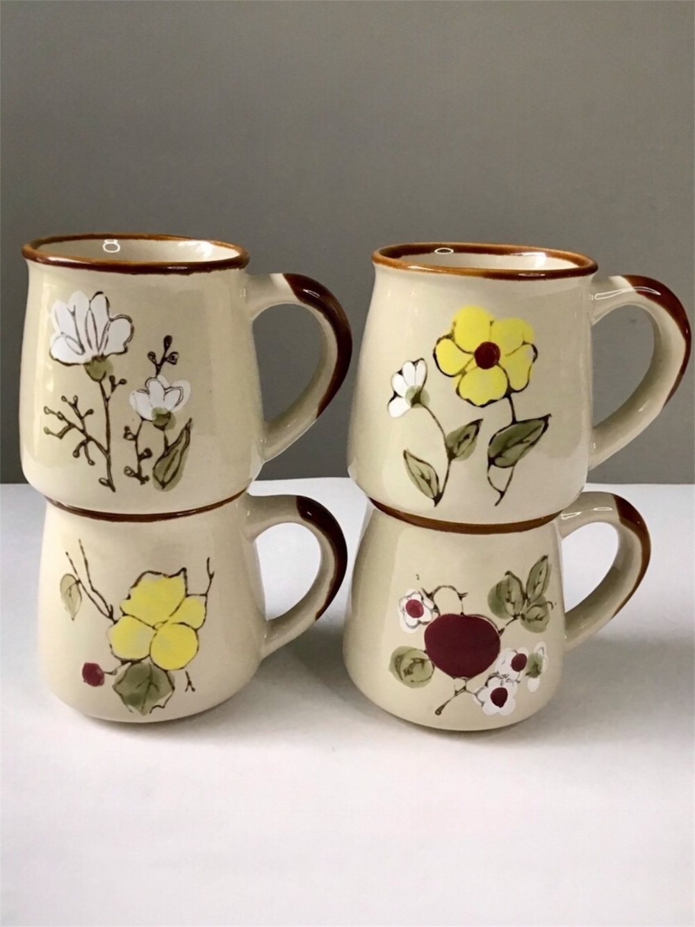 Vintage Hand-Painted Stoneware Floral Mugs Cups 1970s Era Set of 4 Excellent!